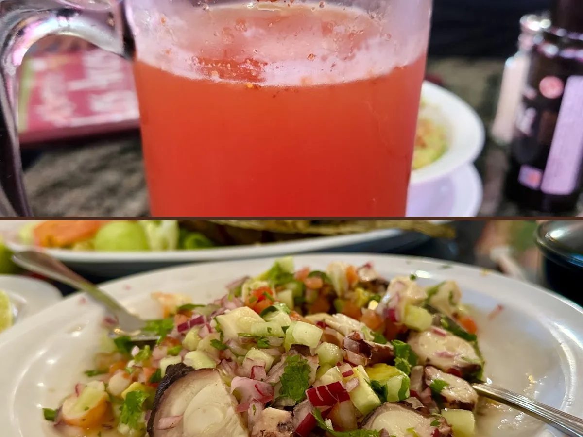 Colorful ceviche served in a simple dining room.
