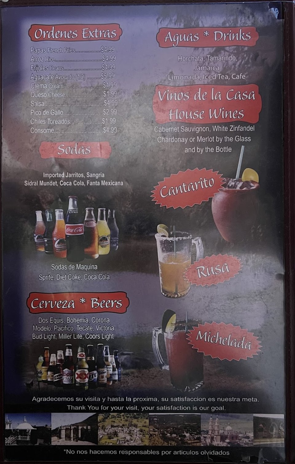 Menu page showing ceviche and seafood plates.